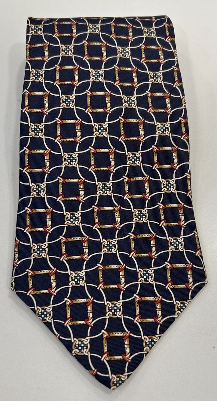 Boston Harbor Men’s Silk Navy Tie‎ Horsebit Bridle Chain Pattern 3.75” Horse EUC